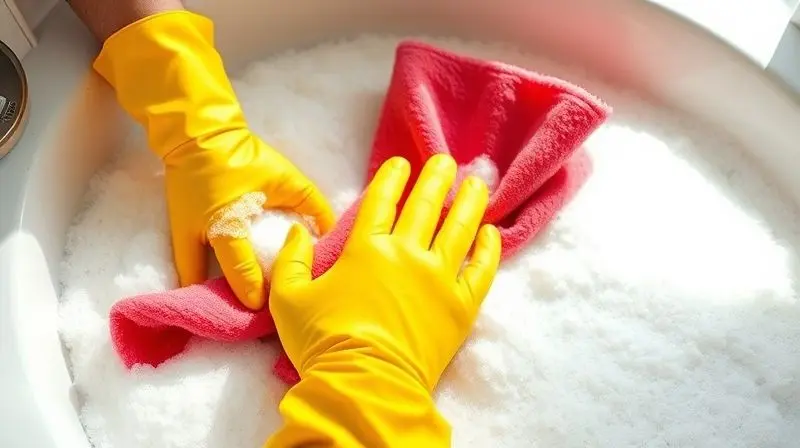 Mãos com luvas de borracha lavando um pano de chão colorido em uma pia com água e sabão.