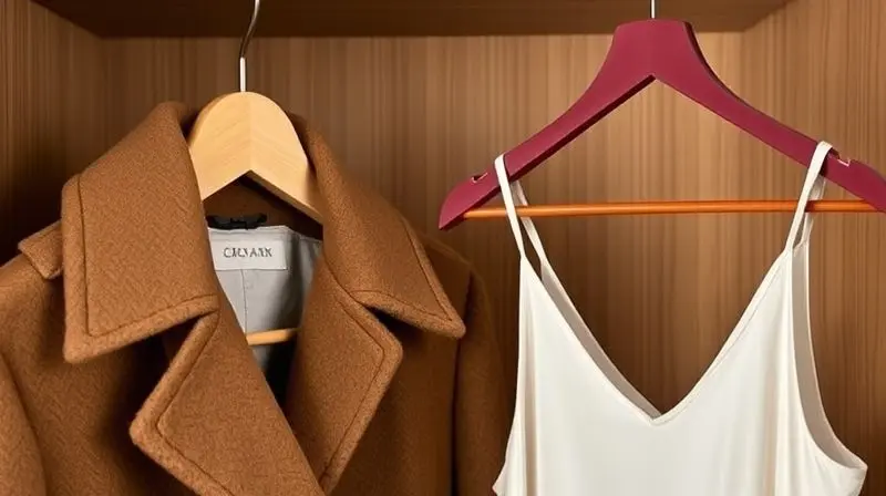 Detalhe de um guarda-roupa mostrando um casaco pesado e uma blusa delicada em seus cabides específicos e adequados.