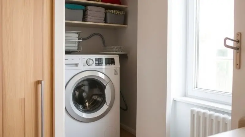 Tanquinho compacto em uma lavanderia pequena e organizada de apartamento, otimizando o espaço.