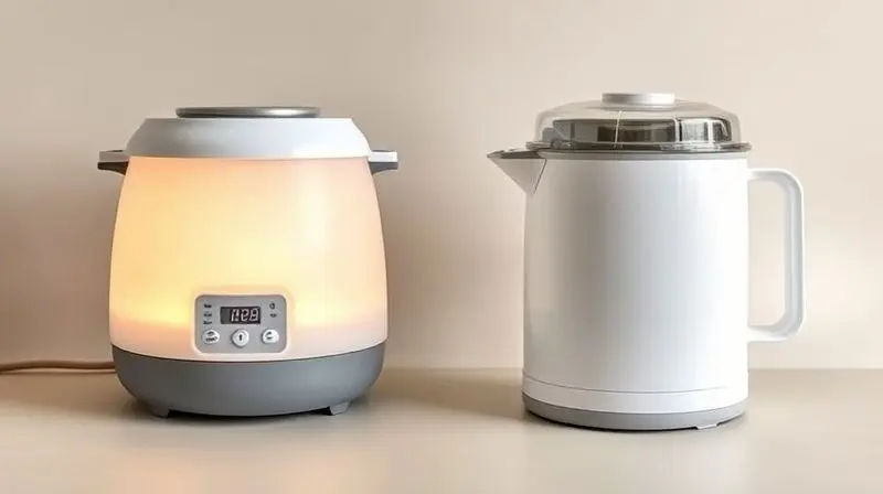 A comparison shot showing two yogurt makers side-by-side on a neutral background. One is a modern electric model with a digit