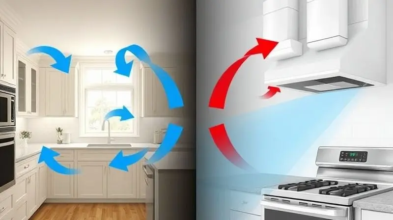 Ilustração conceitual mostrando a diferença entre depurador, que filtra e recircula o ar, e exaustor, que joga o ar para fora da cozinha.