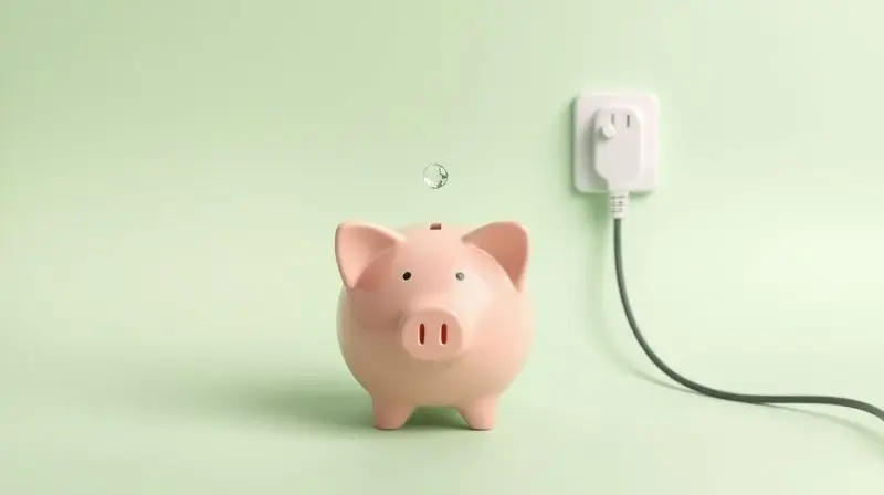 Imagem conceitual de economia de recursos, com gota d'água, cofrinho e tomada elétrica.