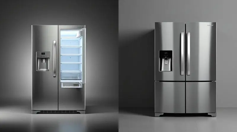 Comparativo visual entre uma geladeira side by side e uma french door, mostrando a diferença na abertura e disposição das portas de cada modelo.