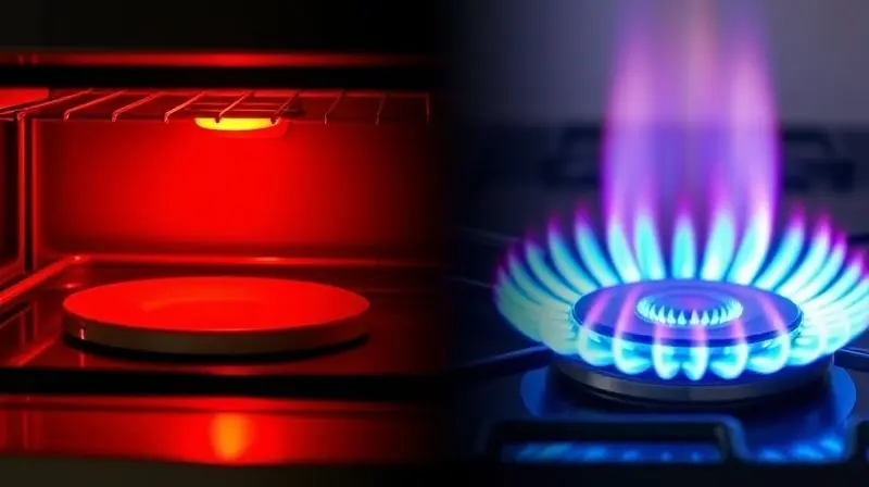 A conceptual split-image. The left side shows the clean, glowing red-hot heating elements of an electric oven. The right side
