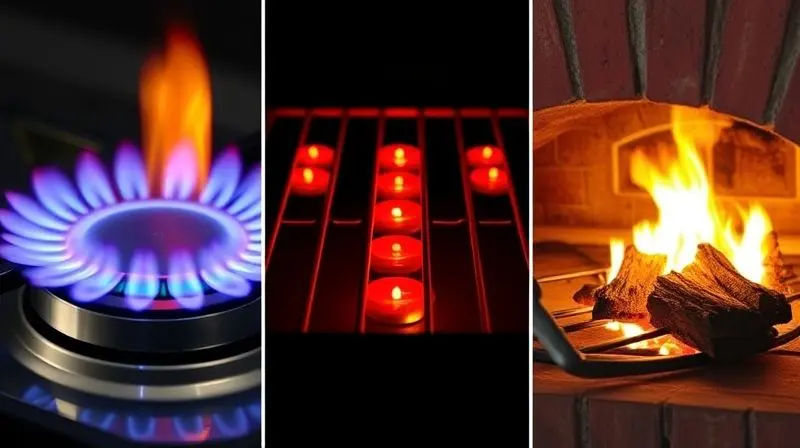 A conceptual triptych-style image showing three distinct heat sources for making pizza side-by-side: on the left, the clean b