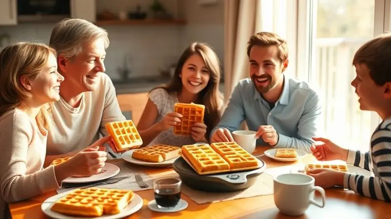 Família feliz compartilhando waffles recém-feitos em uma mesa de café da manhã ensolarada e aconchegante.