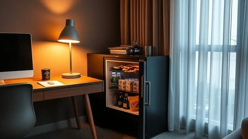 Frigobar preto ao lado de uma escrivaninha em um escritório em casa, oferecendo conveniência com bebidas e lanches ao alcance.