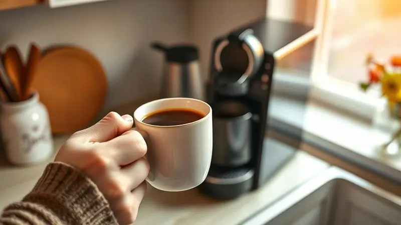 Mãos segurando uma xícara de café quente em uma cozinha, com uma cafeteira de cápsula ao fundo, transmitindo conforto e praticidade.