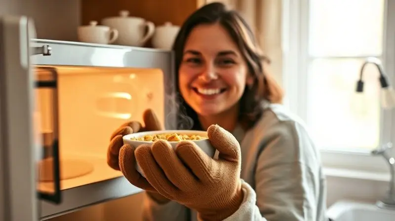 A cozy, lifestyle photograph of a person smiling as they use oven mitts to take a steaming ceramic bowl of food out of a smal