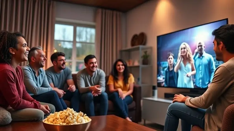 Grupo de amigos assistindo a um filme com entusiasmo em uma sala de estar aconchegante, com uma TV 4K grande em destaque.