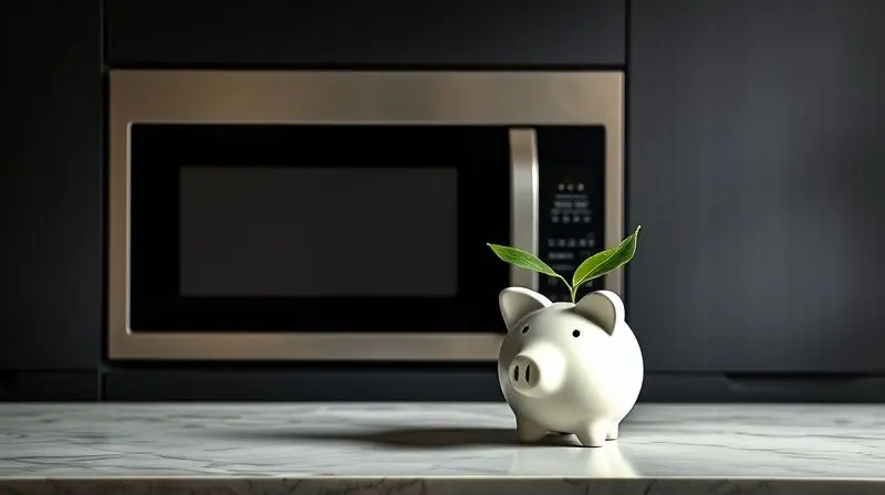 A creative, conceptual photograph of a sleek, modern built-in microwave. Beside it on the marble countertop sits a ceramic pi