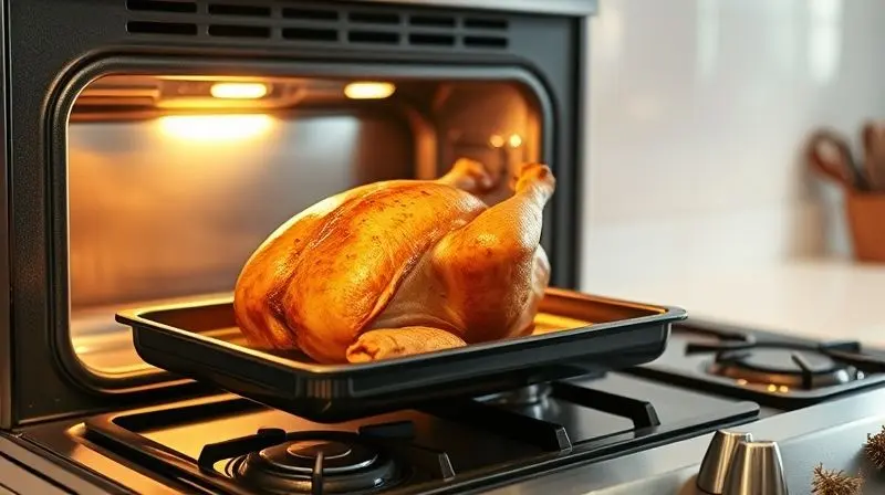 Assado dourado e suculento sendo retirado do forno de um fogão moderno, com vapor subindo, pronto para ser servido na cozinha.