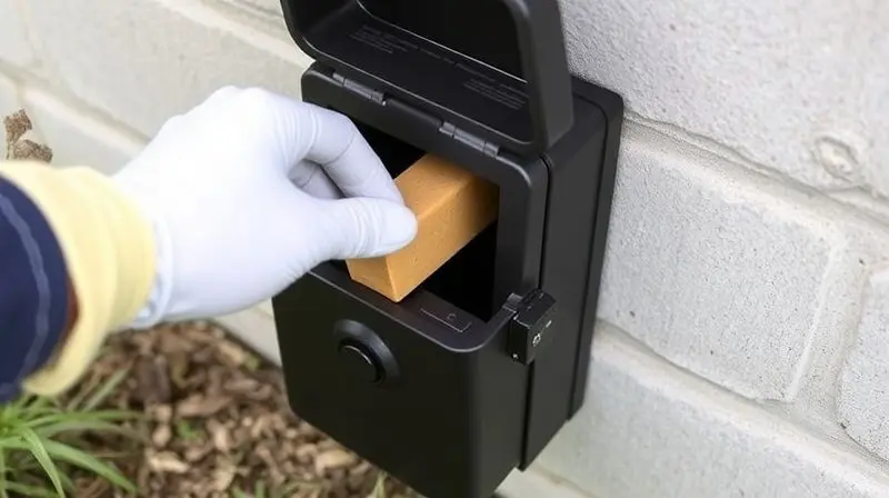 Mão com luva colocando uma isca em um porta-iscas de segurança, destacando o mecanismo de trava para proteção.