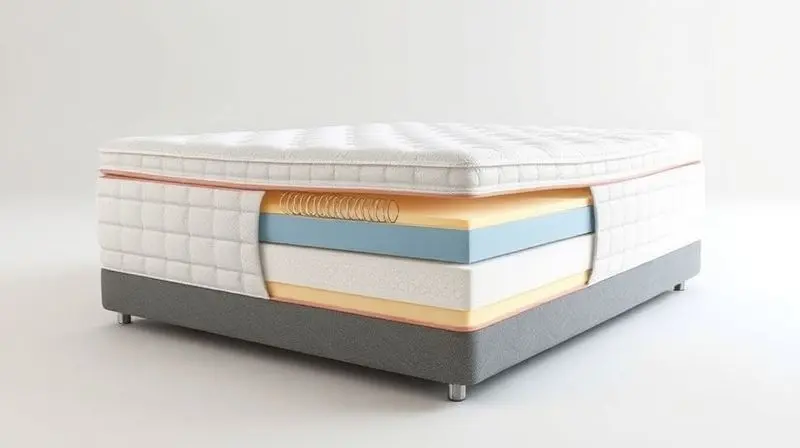 A detailed, photorealistic cutaway view of a hybrid mattress showing the internal layers: pocketed springs, memory foam, and 