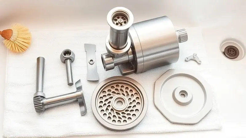 A disassembled meat grinder's components—the auger, blade, plate, and hopper—are neatly laid out on a white towel next to a c