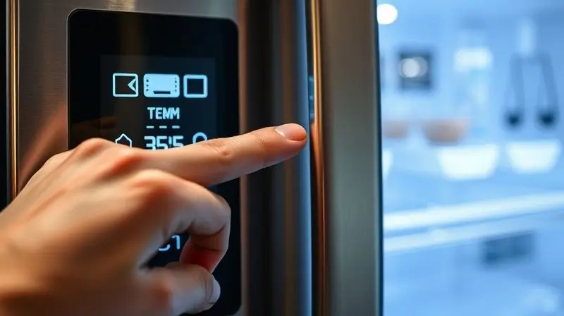 A dramatic close-up shot of a finger lightly touching a glowing digital touch screen panel on a state-of-the-art stainless st