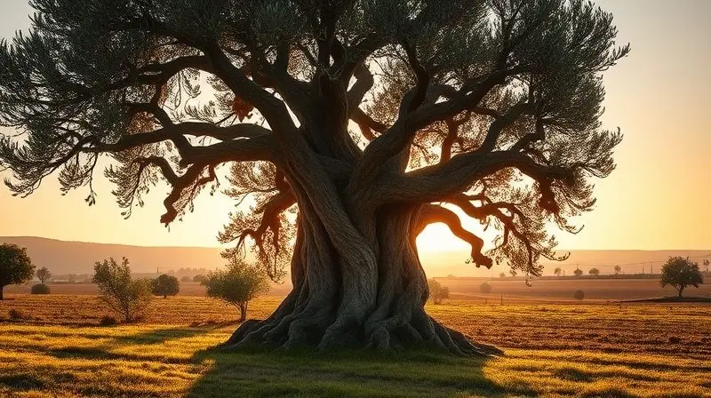 A dramatic, photorealistic image of an ancient, gnarled olive tree with a massive trunk, standing alone in a field at sunrise