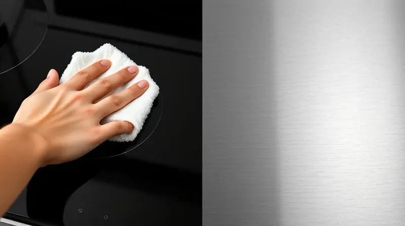 A dramatic split-screen style image. On the left, a macro shot of a sleek, black tempered glass stove top being wiped clean e