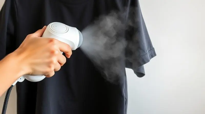 Mão utilizando um vaporizador de roupas em uma camisa, com vapor visível alisando o tecido amassado.