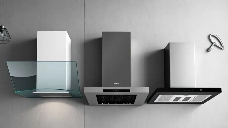 Três modelos de coifas de parede lado a lado, exibindo os designs curvo, retangular e inclinado em um fundo neutro.