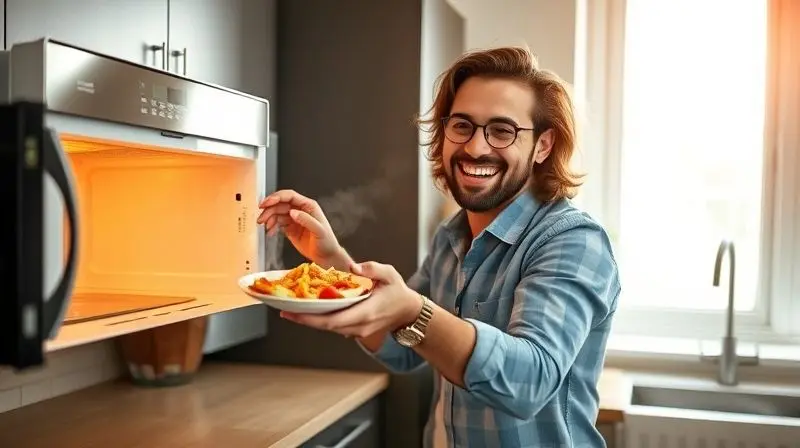 Pessoa sorrindo ao retirar uma refeição quente de um micro-ondas, ilustrando a praticidade do aparelho em uma cozinha moderna e agitada.