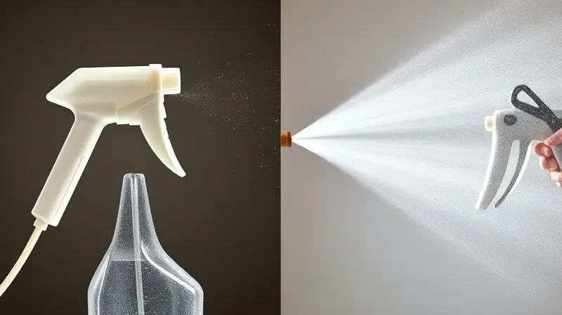 Comparativo visual entre um borrifador com gotas irregulares e um pulverizador manual com uma névoa fina e uniforme.