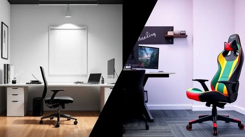 A dynamic split-screen composition showing two distinct office environments: on the left, a minimalist, professional office w