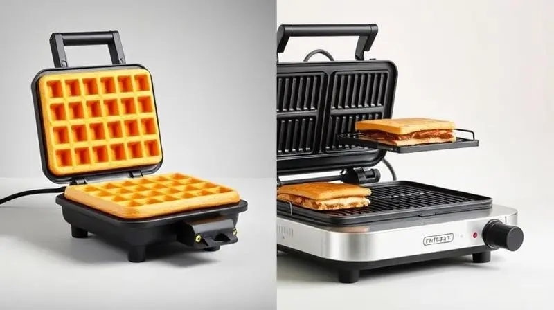 Máquina de waffle multifuncional preparando um waffle de um lado e um sanduíche grelhado do outro.