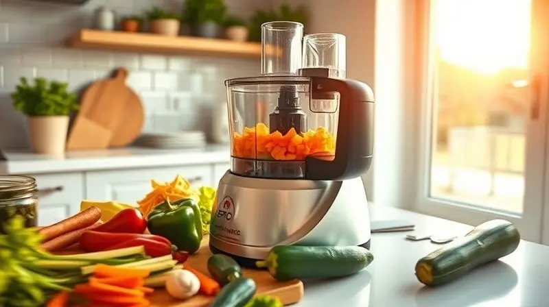 Processador de alimentos em ação fatiando vegetais frescos e coloridos em uma bancada de cozinha moderna e iluminada.