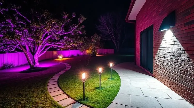 Cena noturna mostrando a versatilidade dos refletores LED: um colorido em uma árvore, um solar em um caminho e um de segurança na parede.