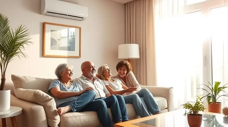 A family is relaxing and laughing on a comfortable sofa in a beautifully decorated, cool-toned living room, the sunlight outs
