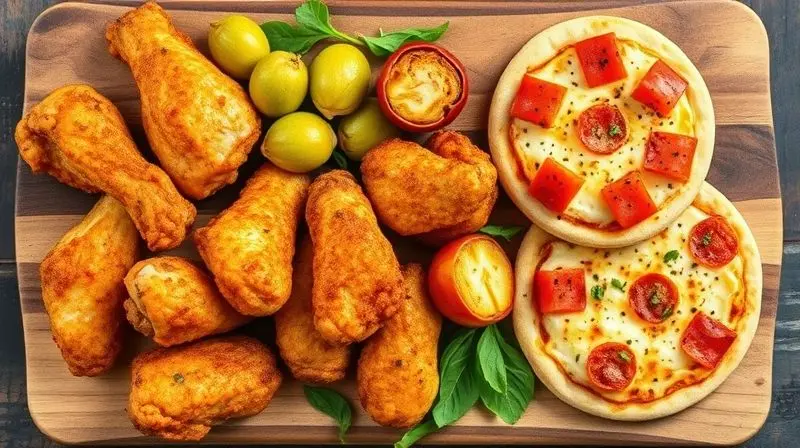 Visão de cima de uma tábua com vários alimentos feitos na air fryer, como frango, legumes e frutas, mostrando a versatilidade do aparelho.