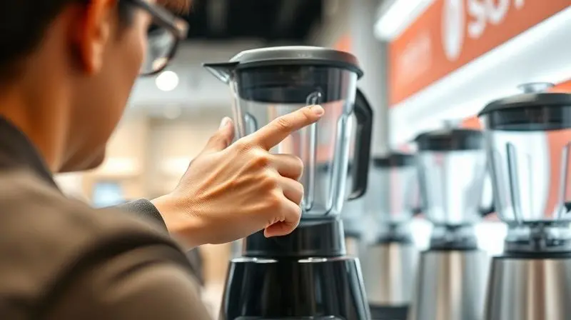 Mão de uma pessoa apontando para o painel de controle de um liquidificador, em um momento de escolha de compra.