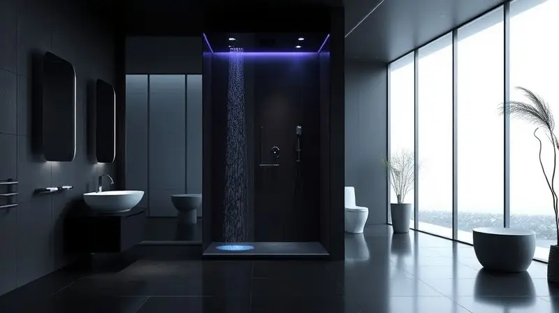 Banheiro de luxo com um chuveiro de design futurista e iluminação LED, representando as tendências para 2025.