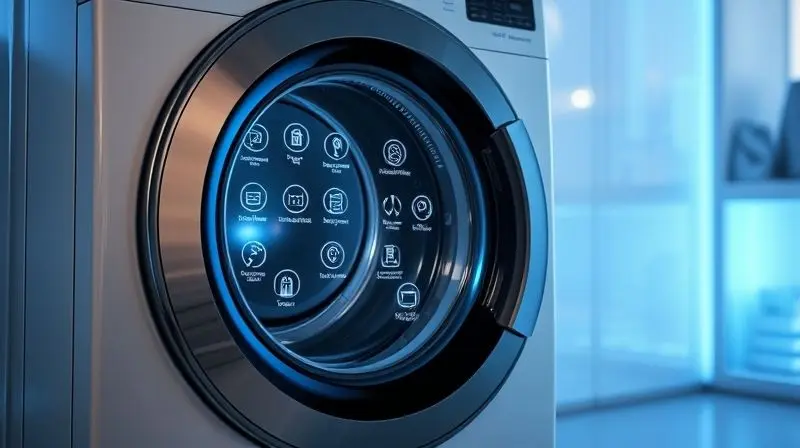 Lavadora frontal com design futurista, exibindo ícones holográficos em uma porta de tela transparente, simbolizando inovação e tecnologia.