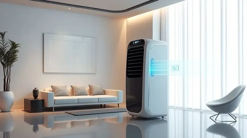 Climatizador de ar com design futurista e minimalista integrado à decoração de uma sala de estar tecnológica e moderna.