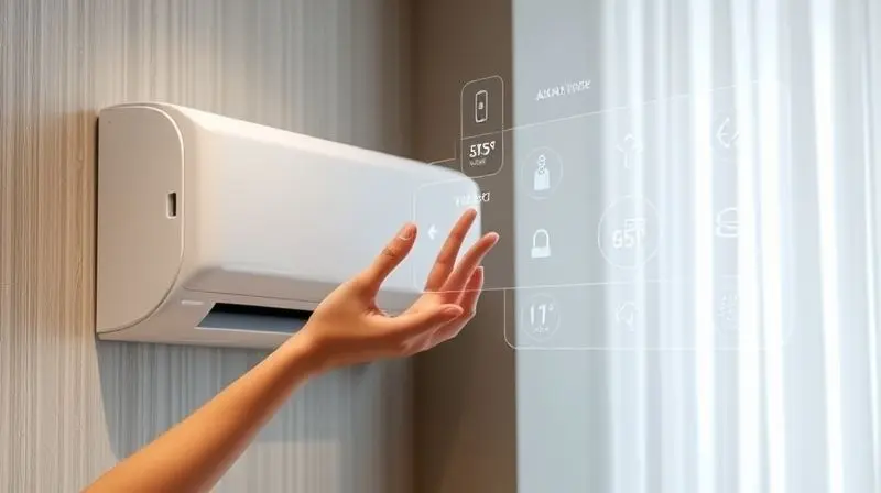 A futuristic, sleek air conditioner seamlessly integrated into a smart home wall, with a minimalist design. A user's hand is 