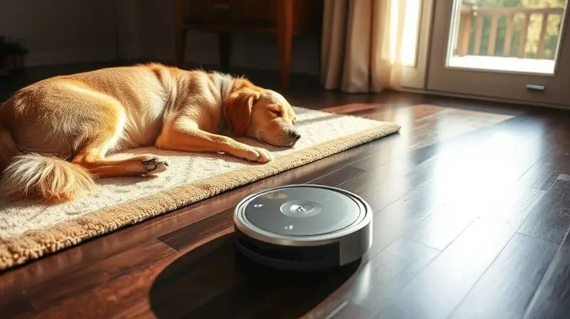 Robô aspirador limpando eficientemente pelos de animal de um piso escuro, ao lado de um cachorro que descansa tranquilamente em um tapete.