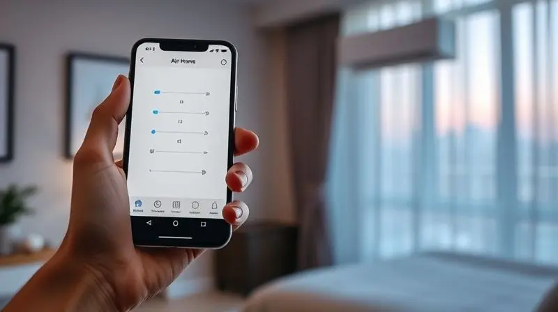Mão usando um celular com app de casa inteligente para ajustar a temperatura do ar-condicionado do quarto.
