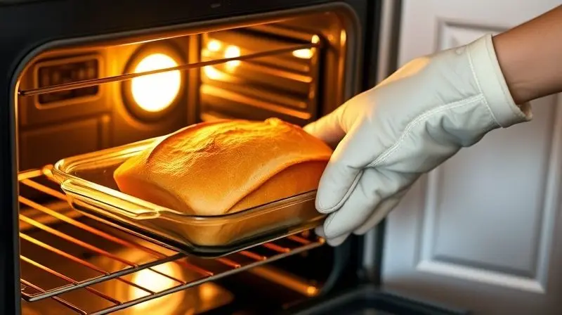 Mão com luva retira uma travessa com pão dourado e fumegante de um forno elétrico aberto.