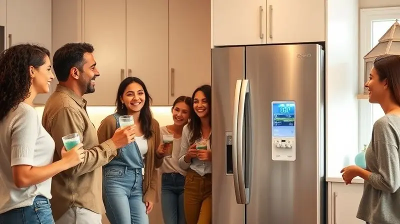 Família feliz em uma cozinha contemporânea, interagindo com sua nova geladeira side by side, transmitindo satisfação com a compra do eletrodoméstico.