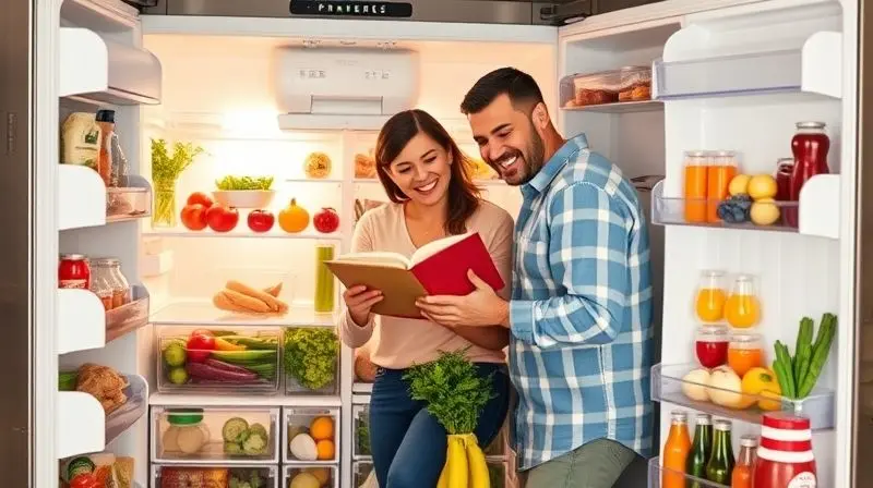 A happy family organizing fresh colorful groceries into a large, open, and well-lit refrigerator, emphasizing its spacious in
