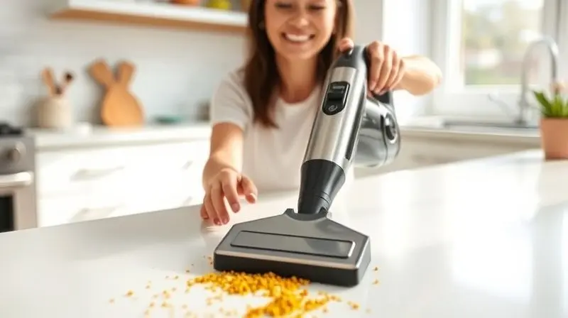 Pessoa sorrindo ao limpar rapidamente migalhas na bancada da cozinha com um aspirador de pó portátil.