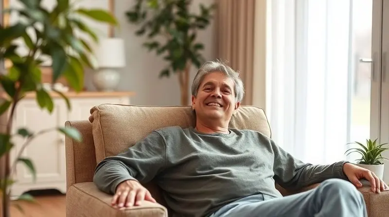 Pessoa relaxa satisfeita em uma poltrona, desfrutando do conforto térmico em uma sala de estar com uma brisa suave.