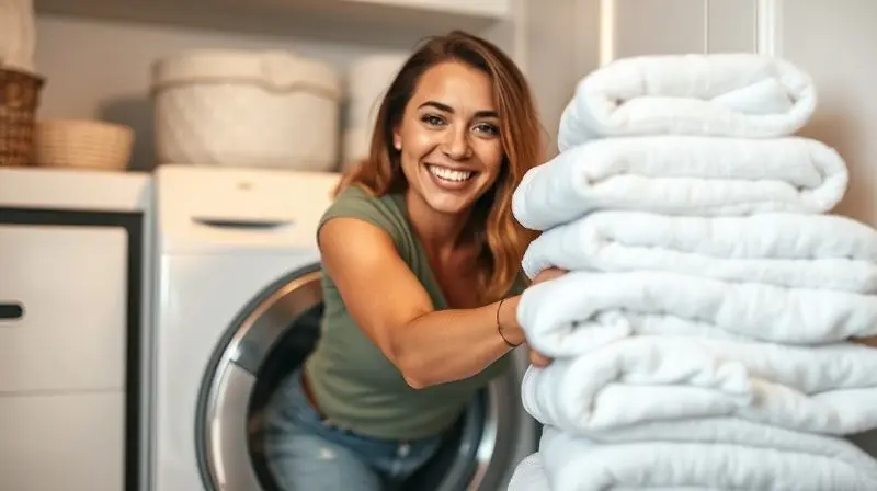 Pessoa sorrindo ao retirar toalhas limpas e macias de uma máquina de lavar frontal em uma lavanderia organizada e serena.