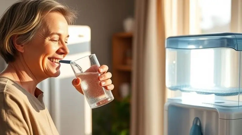 Uma pessoa sorridente desfruta de um copo de água fresca de seu bebedouro, simbolizando a satisfação com a escolha certa e o fim da jornada de compra.