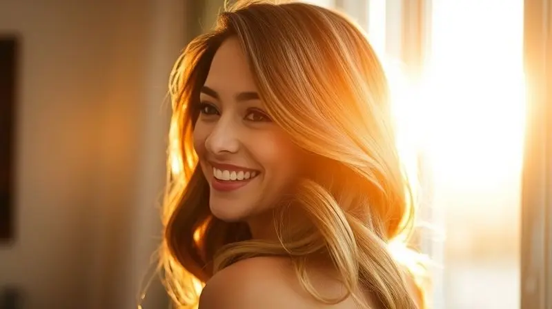 Mulher sorrindo, satisfeita com seus cabelos brilhantes e volumosos, iluminada pela luz do sol entrando por uma janela ao fundo.