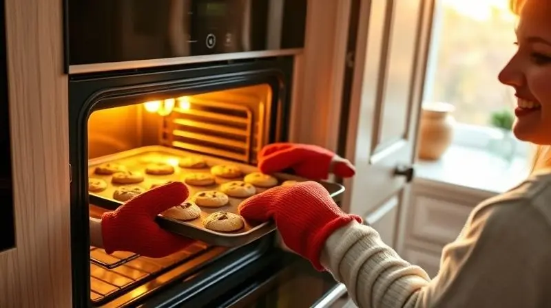 A heartwarming, lifestyle photograph of a person wearing oven mitts carefully pulling a tray of perfectly baked cookies out o
