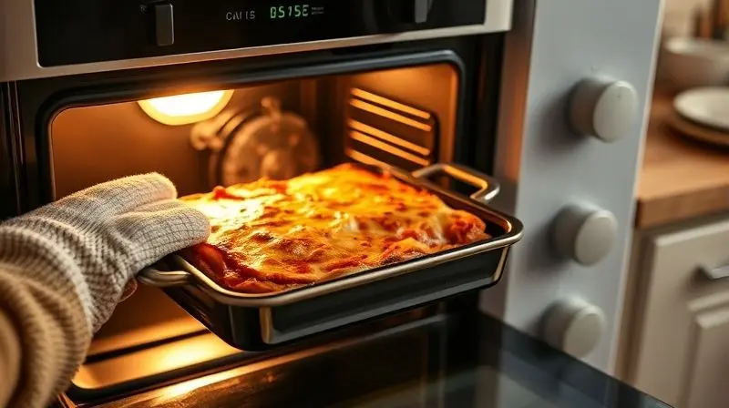 Mãos com luvas térmicas retiram uma lasanha borbulhante de um forno elétrico de bancada, com vapor subindo em uma cozinha acolhedora.