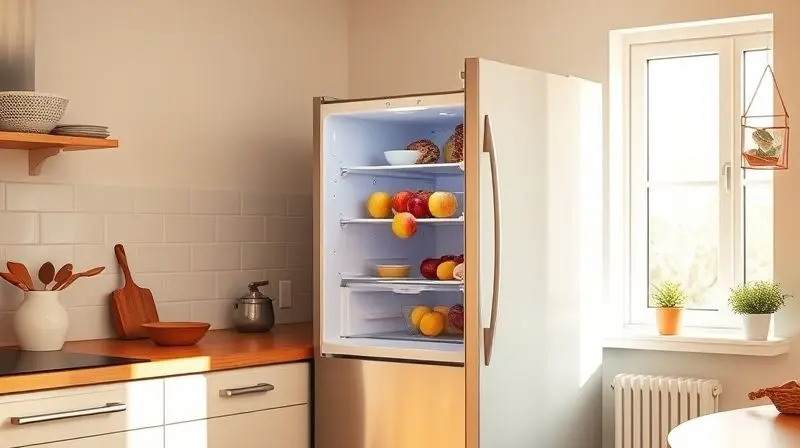 A heartwarming, wide-angle photorealistic shot of a beautiful, sunlit kitchen. A brand new, stylish refrigerator stands perfe